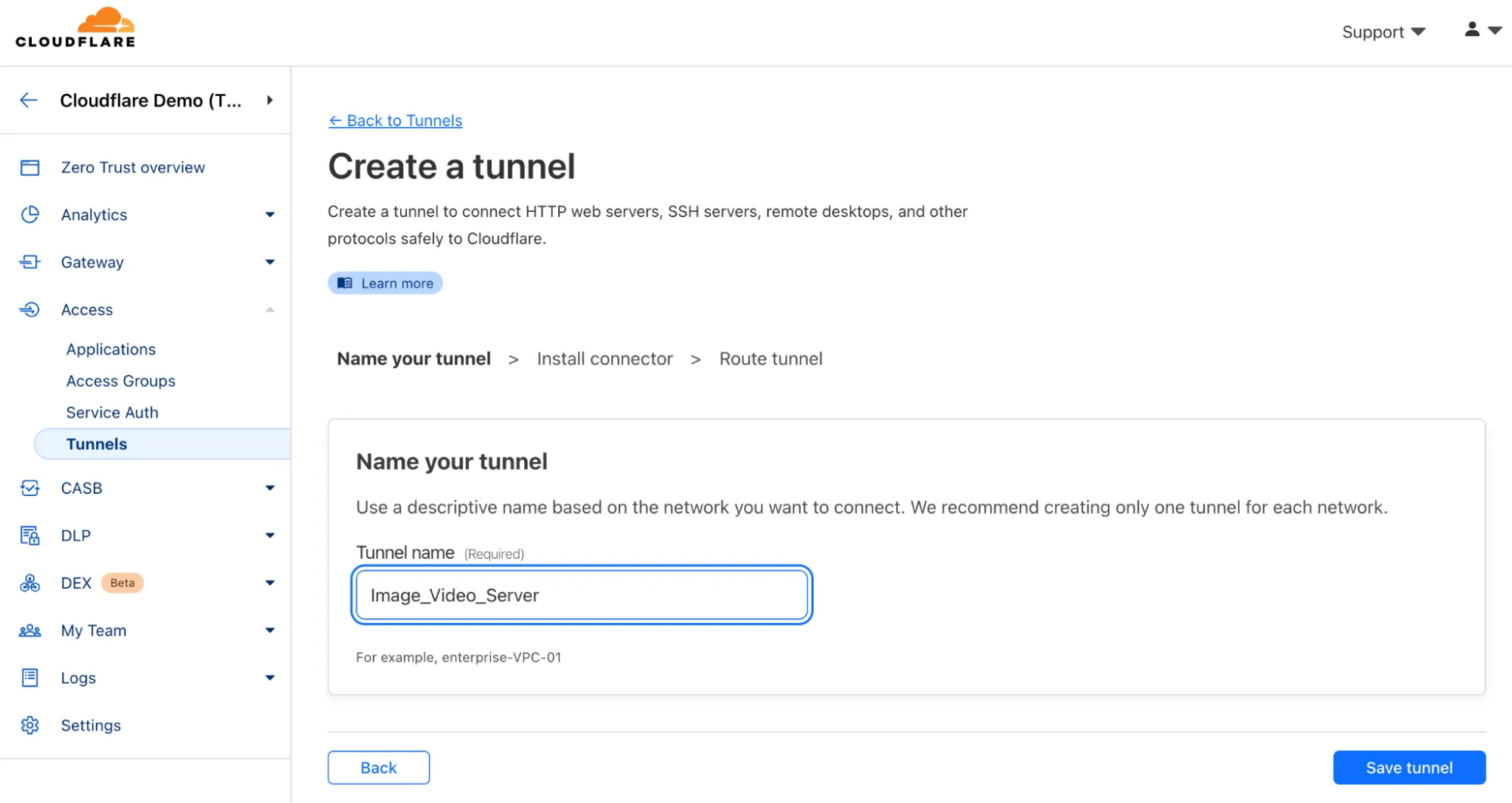 Figure 8: Cloudflare Tunnel Creation. Cloudflare allows for easily creating and naming a tunnel.
